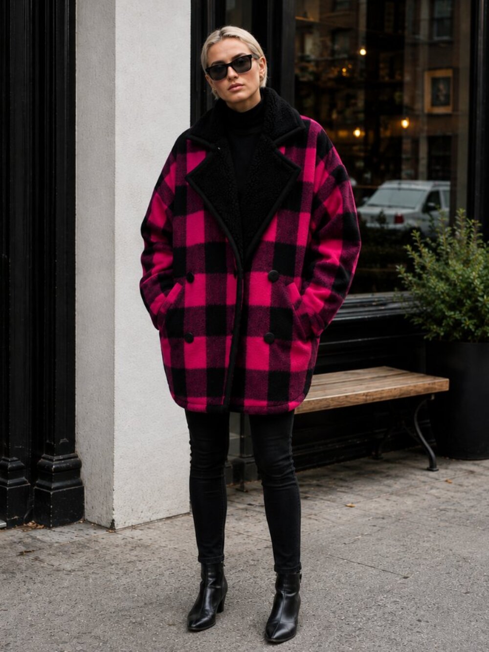 Vintage Esprit Hot Pink Black Buffalo Plaid Double Breasted Coat Size Medium